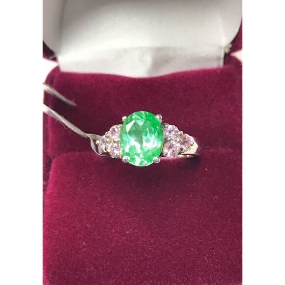 Sterling Silver Green Ice Pink CZ Ring (Size 8), 18”Necklace, Earrings Set - Picture 3 of 16